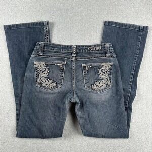 Cruel Gwen Women's Jeans 5 Long Bootcut Low Rise Rodeo Bejeweled Dark Wash Denim